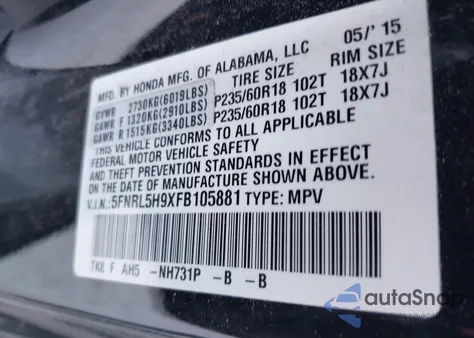 2015 Honda Odyssey Touring/Touring Elite z USA, uszkodzony, nr VIN 5FNRL5H9XFB105881